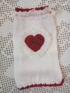 Knitted XS White and Red Valentine Heart Dog Sweater with Lace